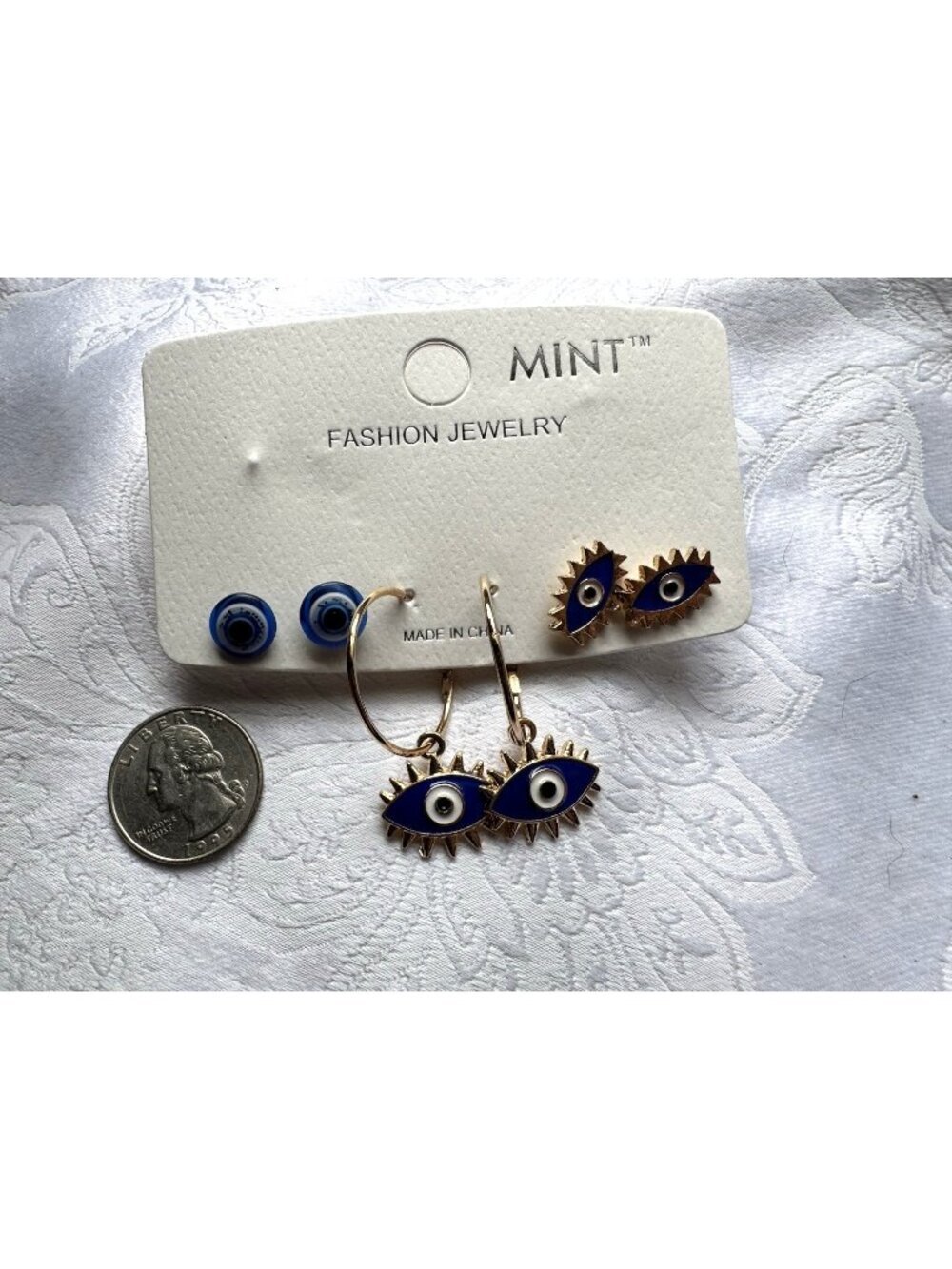 EVIL EYE EARRINGS Good Luck Protection 6 Piece Pack Wires Drop NEW Blue White